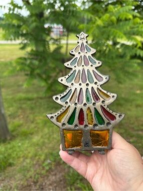 Vintage Taiwan stained glass and cast iron Christmas tree candle holder
